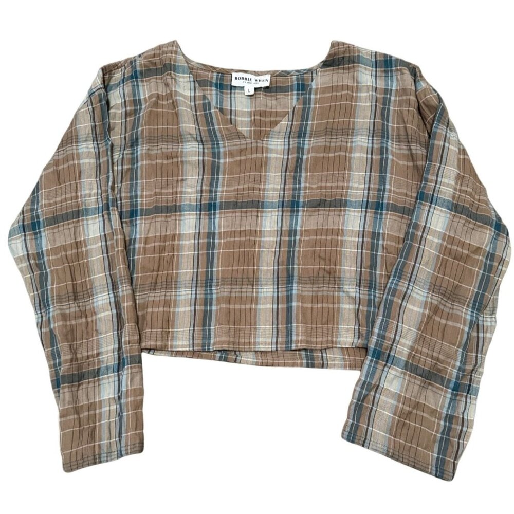 Bobby Wren‎ Ziggy Plaid Top Crip Brown Blue Woman's Large i2